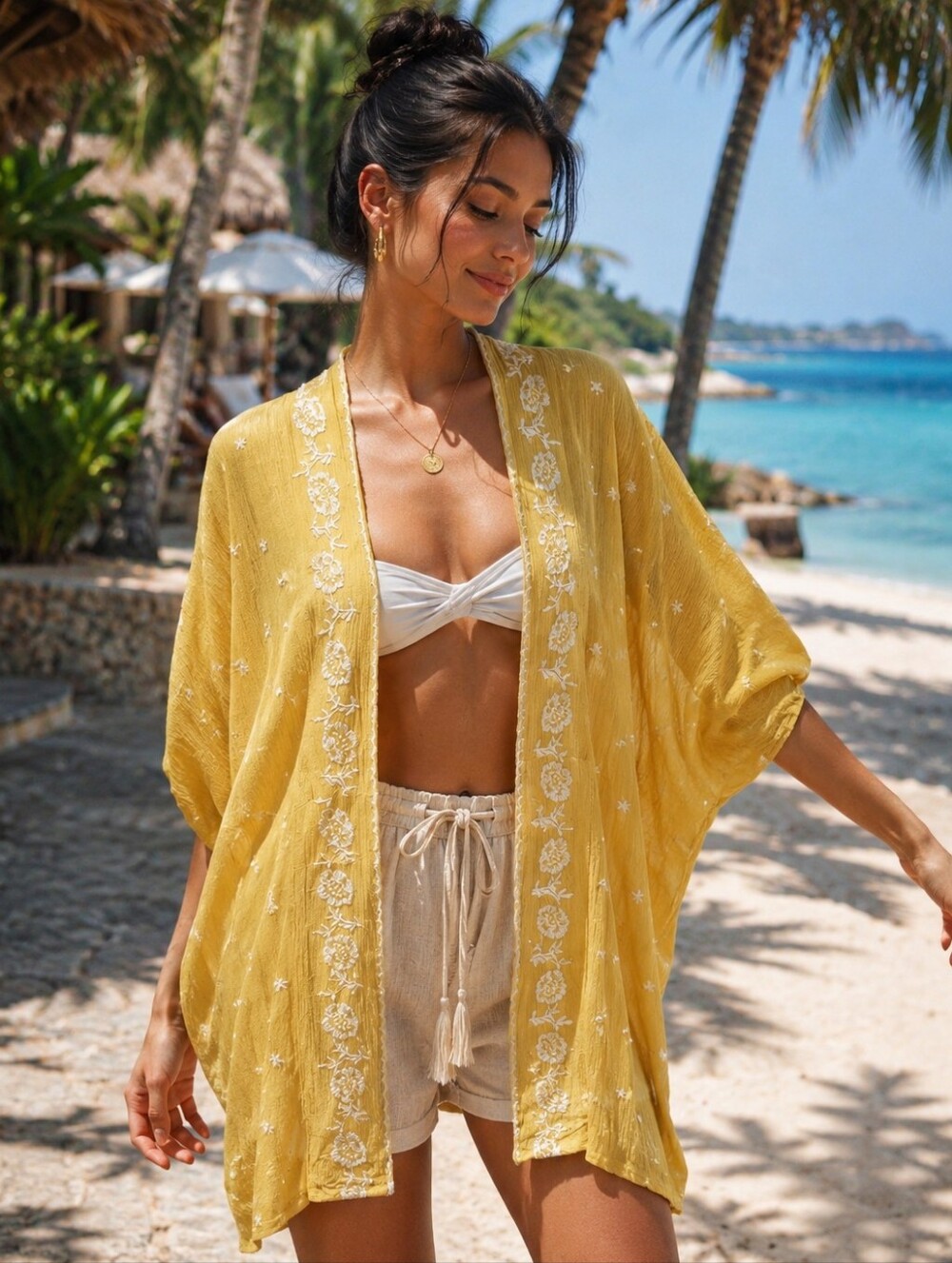 Love Tree Yellow Embroidered Kimono Kaftan Swim Cover-Up Cardigan Small